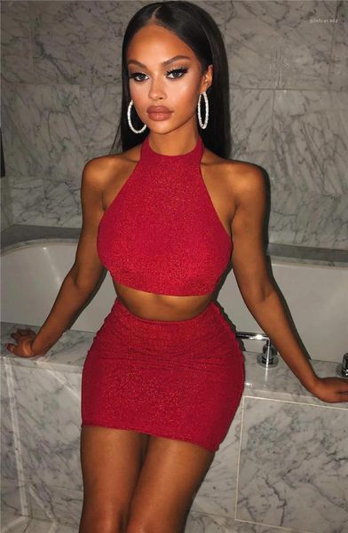 

dress halter sleeveless short womens 2pcs set fashion backless night club womens apparel womens two piece, White