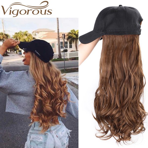 

vigorous long 18inches brown seamless stitching integrated wavy hairpiece baseball cap synthetic wig with hat heat resistance, Black