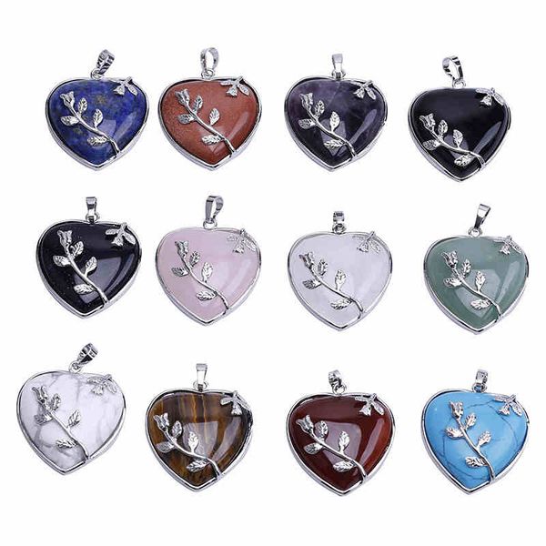 

wholesale 36 * 32mm heart-shaped metal edging rose miscellaneous stone necklace pendant for jewelry diy st008, Silver