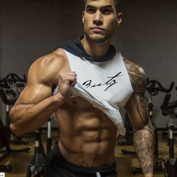 

men gym clothing bodybuilding stringer hoodie tank muscle hooded t-shirt uk cotton casual hooded o neck comfortable men top, White;black