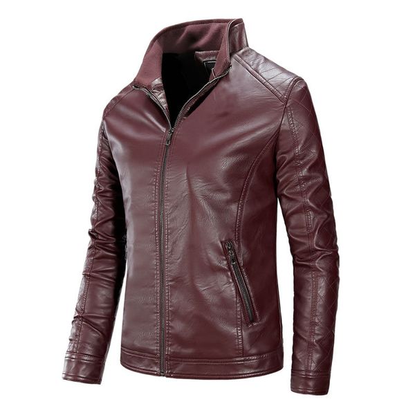 

2019 autumn & winter new style men pu leather solid color stand collar jacket men's wear slim fit coat locomotive leather coat, Black