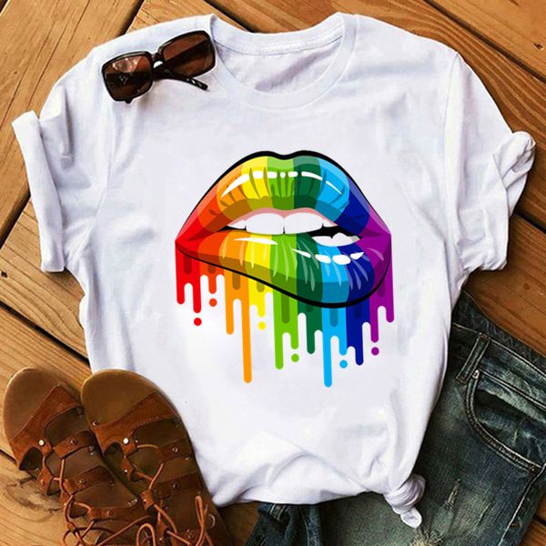 

19ss women's t-shirt lips printing cotton breathable plus size women's summer street style women's clothing 2020 blue s, White