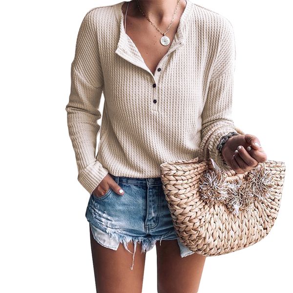 

women v neck knit blouse long sleeve girls solid knit autumn shirts, White