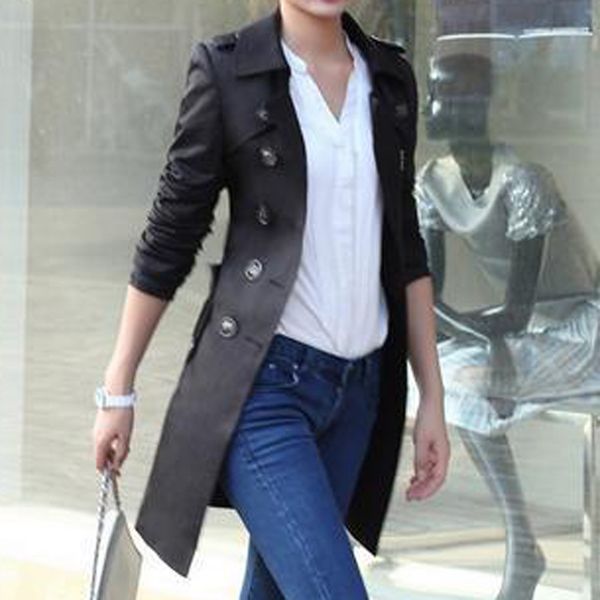

slim womens black windbreakers double breasted long sleeve solid trench coat casual turn-down collar overcoat outwear coat, Tan;black