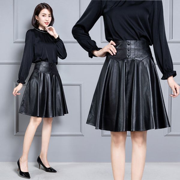 

2019 new fashion genuine sheep real leather skirt k30, Black