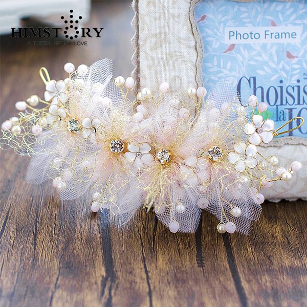 

gold handmade flower headpieces wedding bridal pearl and crystal headbands for bride hair accessories jewelry, White;golden