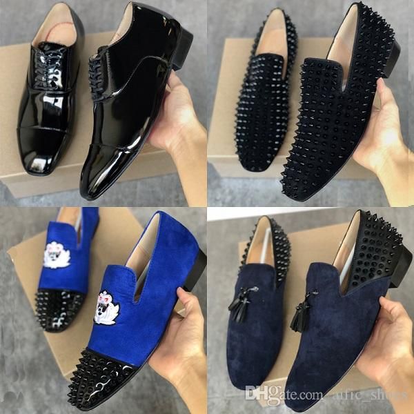 

luxury men designer red bottom shoes dandelion spikes greggo orlato flat shoes patent leather espadrilles men shoes party shoe us 12.5, Black