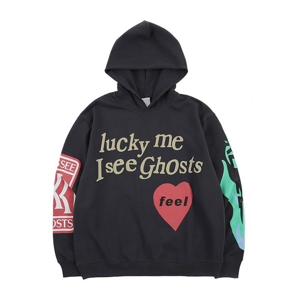 

lucky me i see ghosts letter printed hoodies sweatshirts men blue flame streetwear hip hop rock rapper cotton casual hoodie men, Black