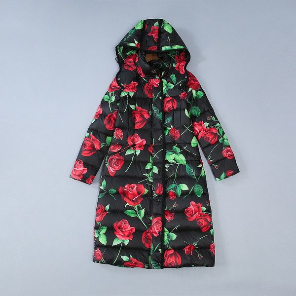 

warm waist hugging coat 2019 winter new style europe and america women's dress rose printed spell webbing hooded thick down jack, Black;white