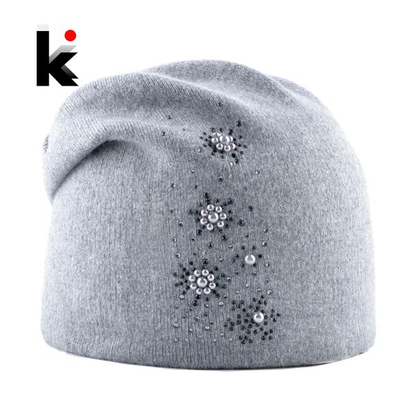 

new hats for women autumn winter soft knitted wool beanies hat ladies fashion knitting rhinestone pearls bonnet caps female, Blue;gray