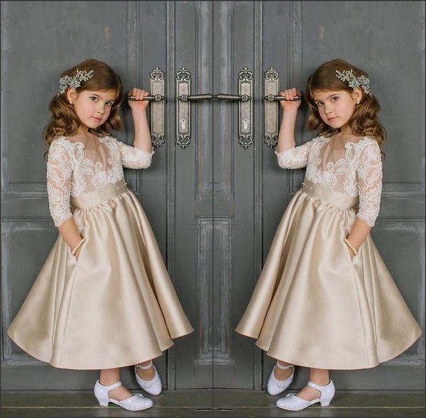 

Unique Light Champagne Girls Pageant Dresses With Pocket Ankle Length Satin Flower Girl Dress Lace Applique First Holy Communion Gowns