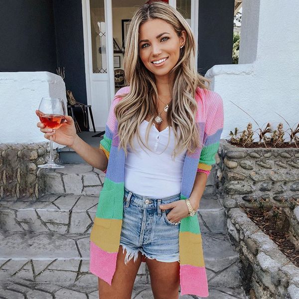 

s-xl rainbown patchwork cardigan women long sweater casual leisure knitted sweater autumn winter striped cardigan, White;black