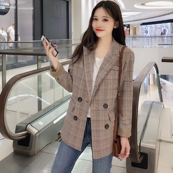 

women plaid blazer jacket 2019 spring autumn fashion female casual loose double breasted suits jackets outwear coat plus size, White;black