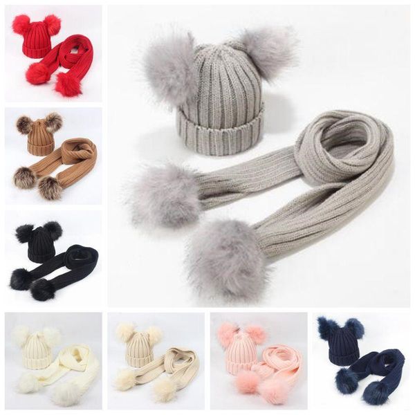 

baby winter beanies scarf set pom pom knit hats scarves girls solid fur skull caps wraps double ball casual wool cap neckerchief dyp6343, Red;brown