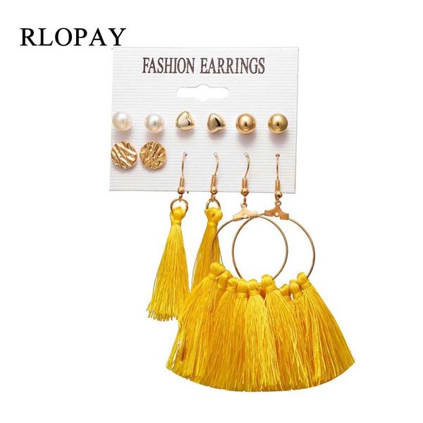 

rlopay 6 шт. женская мода серьги чешский серьги длинные желтый цвет кисточкой падение серьги сердце мяч жемчуг круглый ювелирные изделия, Silver