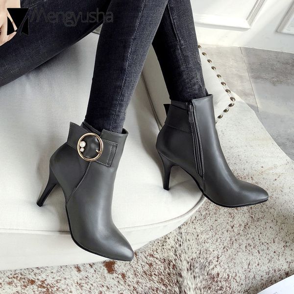 

women thin heels ankle buckle strap decoration short boots party shoes woman pearl buckle high heel single boots women 2018, Black