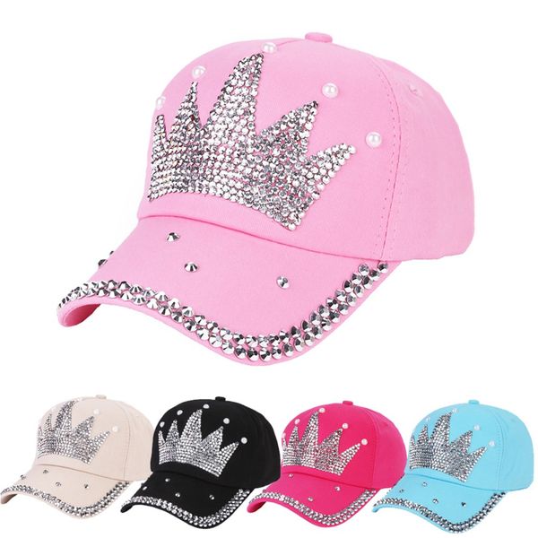 

adjustable women rhinestone hat rhinestone pearl crown female baseball cap snapback sports sun hat outdoor sun prevention, Black;white