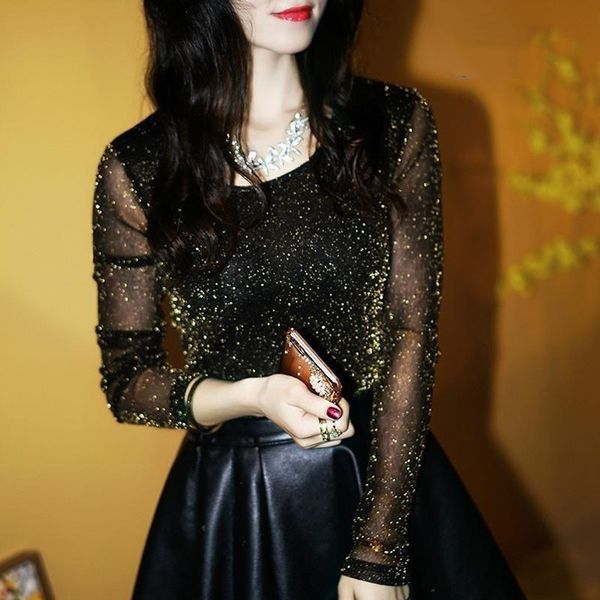 

дизайнер женщин блузы sexy сияющий see through mesh блузка elegant женщин прозрачная рубашка печать мода дамы ночной клуб blusas, White