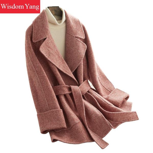 

winter warm jackets womens pink striped sheep alpaca wool coats woman female woolen overcoat belt coat jackets ladies outerwear, Black