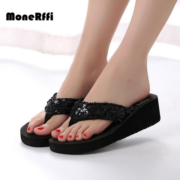 

monerffi summer women glitter sequined platform thing sandal antiskid wedge heel sandy flip flops casual beach shoes large size, Black