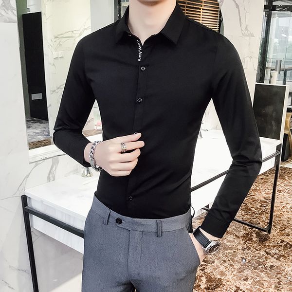 

white shirt men spring 2020 slim fit letter tuxedo shirt dress long sleeve casual business social shirts mens 5xl-s, White;black