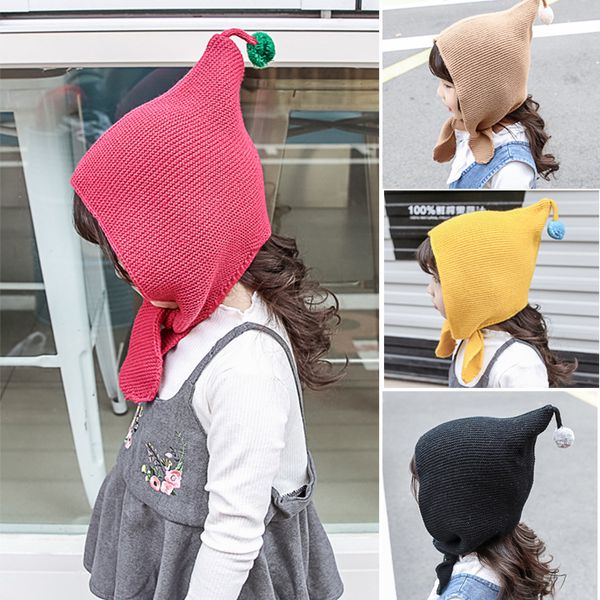 

kids children wind knitted winter autumn elf hat cap baby's wool ball cap, Yellow