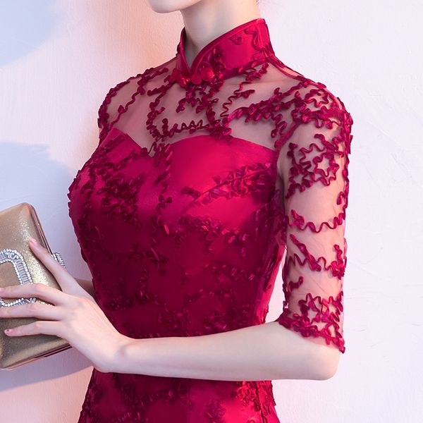 

2019 vintage chinese style formal dress royal fishtail dress wedding cheongsam costume red bride traditional embroidery qipao