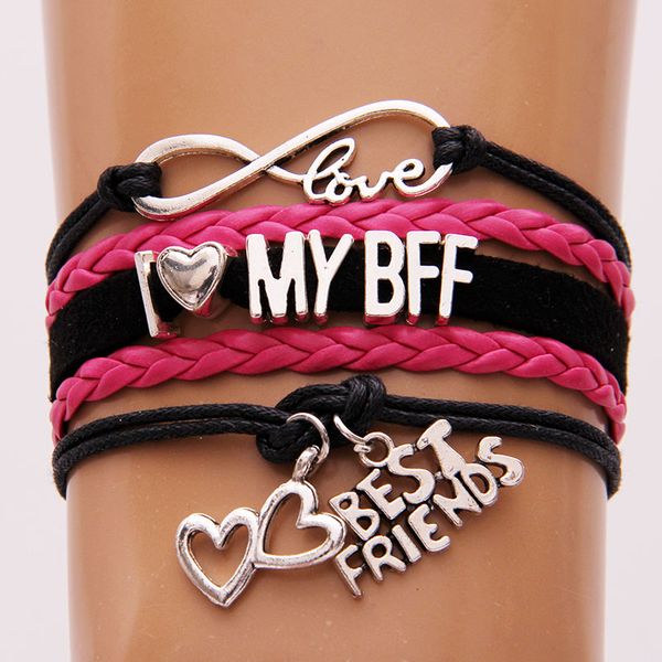 

10pcs bff friendship bracelet for women infinity love i love my bff/dance heart + friend leather bangle bracelet for girls, Golden;silver