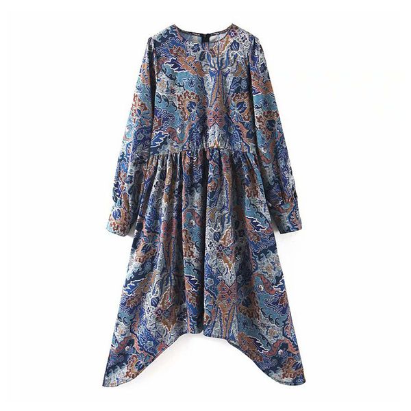 

women elegant print asymmetrical dress long sleeve irregular design female chic 2019 autumn fashion midi dresses, Black;gray