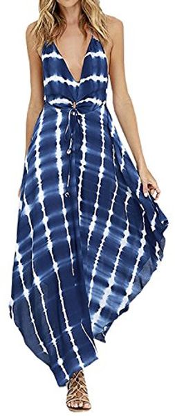 

lukycild women summer v neck spaghetti strap backless tie dye maxi dress, Black;gray