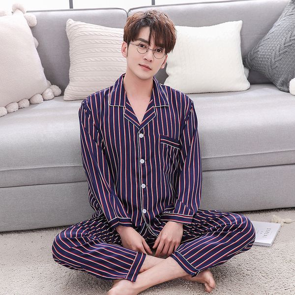 

2019 new spring pajamas for men faux silk satin home wear pyjamas set fashion stripe 2 pcs night shirts pants sleepwear, Black;brown
