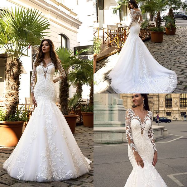 

lace mermaid wedding dresses 2019 appliqued sweep train sheer neck long sleeve modest wedding dress custom made plus size vestidos de novia, White