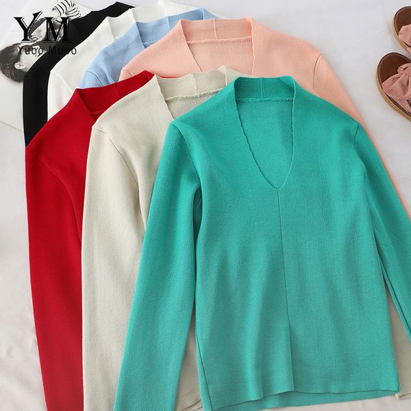 

yuoomuo vintage deep v neck sweater women knitted pullovers 2019 new solid autumn sweater ladies knitwear jumper pull femme, White;black