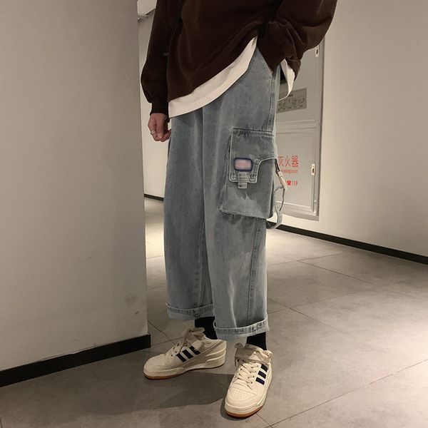 

spring and autumn 2020 fashion cargo tooling jeans men korean loose trend brand students straight wild leg harem pants, Blue