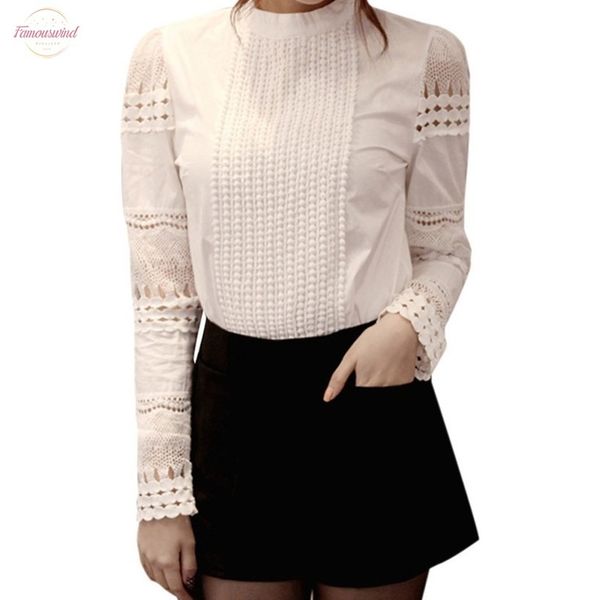 

2020 fashion women blouse slim embroidery stand collar full sleeve shirts crochet solid white cotton hole all match blouse
