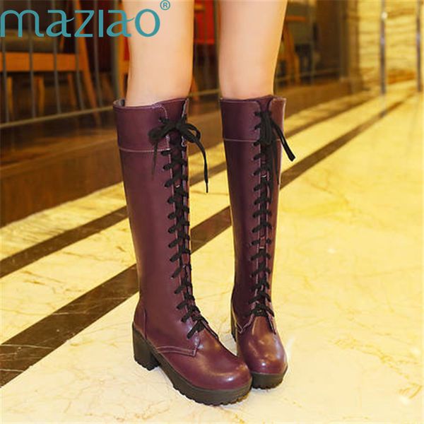 

women boots knee high short plush round head waterproof platform lace up thick heel shoes women winter leather shoes maziao, Black