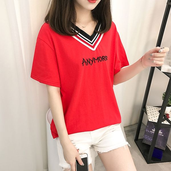 

летняя одежда с короткими рукавами футболки свободные хлопка письмо вышивка t-рубашка женская универсальный тонкий меньше v-образный вырез с, White