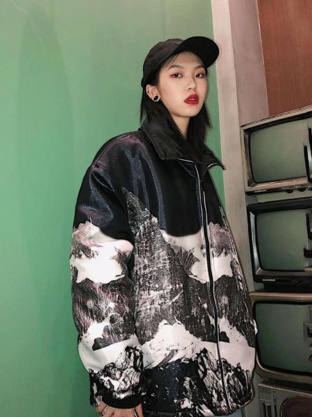 

guochao high street dark functional wind tooling snow mountain cotton suit medium long loose winter women jackets coats, Black