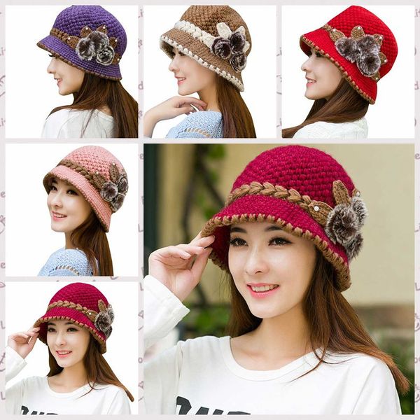 

2019 women winter warm caps casual female beautiful wool crochet knitted flowers decorated ears hats gorros mujer invierno, Blue;gray