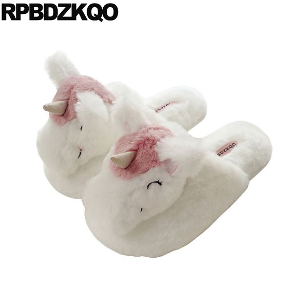 

animal faux fur korean cartoon slides plush unicorn floor women fuzzy shoes most popular products slippers fluffy white flat, Black
