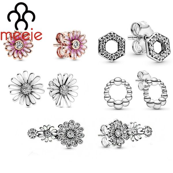 

2020 new sterling silver 925 pavé daisy flower statement,honeycomb hexagon,flower trio stud earrings meeie europe original women, Golden;silver