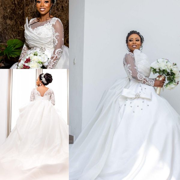 

african white long sleeve ball gown wedding dresses vintage lace appliqued pearl beaded court train plus size bridal gowns