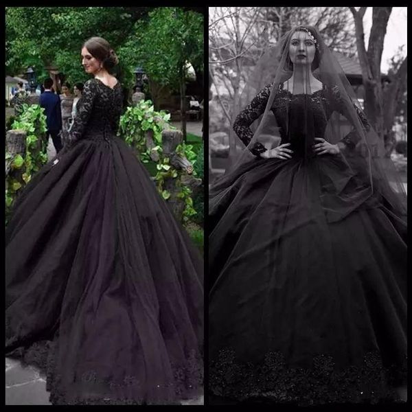 

black gothic ball gown wedding dresses square neck long sleeve appliques bridal gown with sequins pearls tiered skirts wedding gown, White