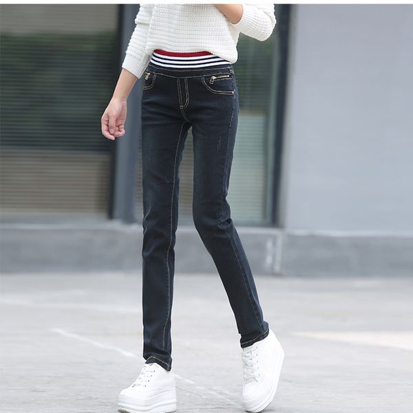 

black female loose show thin elastic waist straight jeans han edition joker, Blue