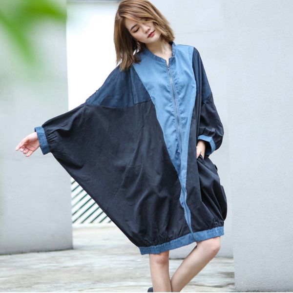 

lanmrem blue round neck bat long sleeve contrast color zipper loose windbreaker woman casual fashion 2019 winter coat new td281, Tan;black