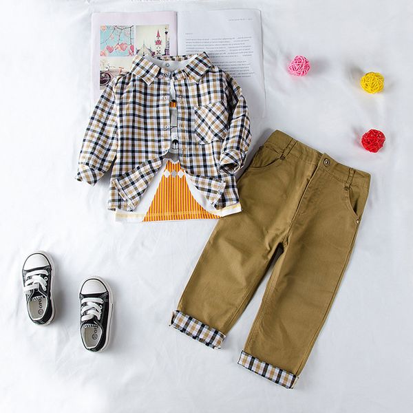 

autumn boys gentleman outfit spring 3pcs boys clothing set children casual cotton plaid shirt pants kids clothes sets, White