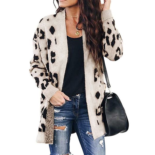 

2019 sweater girls long fund leopard print cardigan sweater, Black;white