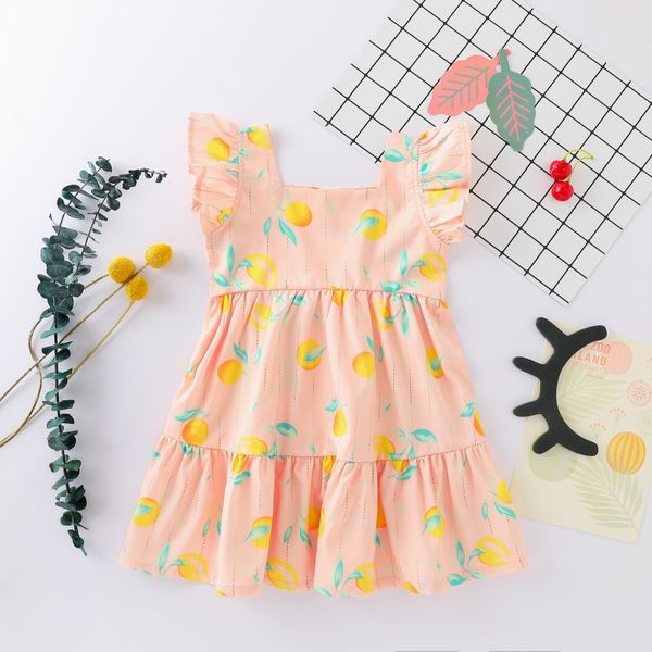 

summer baby infant square-collar dress casual baby girls kids flare sleeve fruit pattern blouse dress, Red;yellow