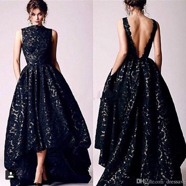 

2019 arabic hi lo black lace dre e evening wear vintage occa ion high neck backle formal prom party gown