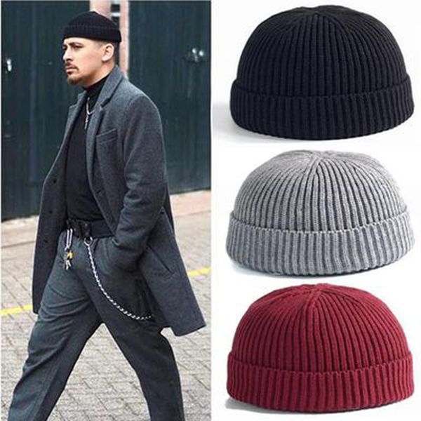 

winter ribbed knitted cuffed short melon cap solid color skullcap baggy retro ski fisherman docker beanie hat slouchy